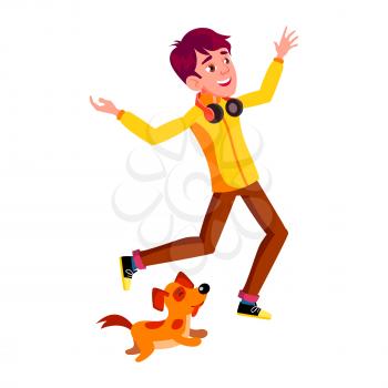 Teen Boy Running With Dog In Park Outdoor Vector. Happy Teen Guy With Earphones And Domestic Animal Pet Running Together Outside. Character Active Sport Time Flat Cartoon Illustration
