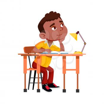 School Boy Sitting At Desk And Thinking Vector. Schoolboy Sit At Table, Making Homework Exercise And Thinking For Solve Problem Or Dreaming. Character Reading Book Flat Cartoon Illustration