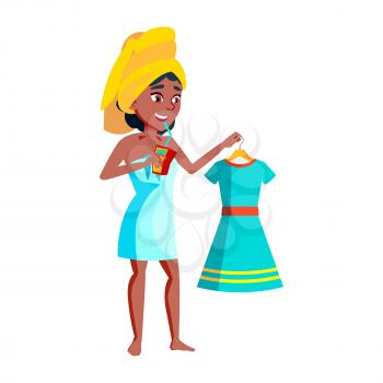 Teen Girl Drinking Juice And Getting Ready Vector. African Teenager Lady Drinking Juicy Beverage From Packaging With Straw And Choosing Dress After Shower. Character Flat Cartoon Illustration