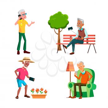 Old Men Using Phone For Communication Set Vector. Elderly Guy Talking On Cellphone And Reading Sms, Make Selfie In Park And Photographing Flowers On Phone Camera. Characters Flat Cartoon Illustrations