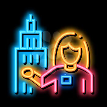 Woman Guide near Tower Landmark neon light sign vector. Glowing bright icon Woman Guide near Tower Landmark Sign. transparent symbol illustration