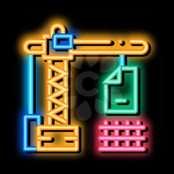 construction crane neon light sign vector. Glowing bright icon construction crane sign. transparent symbol illustration