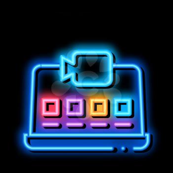 laptop video recording neon light sign vector. Glowing bright icon laptop video recording sign. transparent symbol illustration