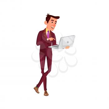 young man searching information on laptop cartoon vector. young man searching information on laptop character. isolated flat cartoon illustration