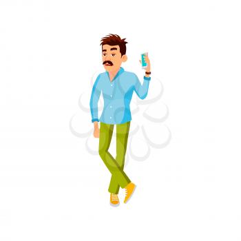 bored man calling to support service and waiting on line cartoon vector. bored man calling to support service and waiting on line character. isolated flat cartoon illustration