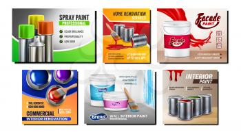 Paint Blank Containers Promo Posters Set Vector. Spray Interior And Home Renovation Multicolored Paint Bottles And Brush On Advertising Banners. Style Concept Template Illustrations