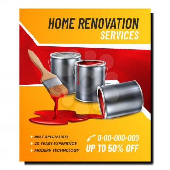 Home Renovation Services Promotional Banner Vector. Home Renovation Business For Painting, Brush With Paint Blot And Blank Metallic Container On Advertising Poster. Style Concept Template Illustration