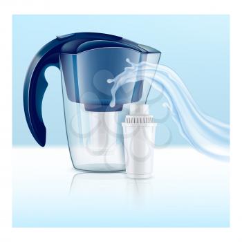 Water Filter Pitchers Promotional Banner Vector. Water Filter Pitchers, Filtration Cartridge And Liquid Splash On Advertising Poster. Purification Equipment Style Concept Template Illustration