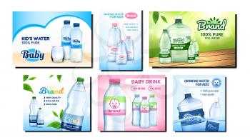 Water For Children Promotion Posters Set Vector. Water For Kids Blank Bottles And Glass Cup On Wooden Surface, Natural Leaves And Liquid Splash On Advertise Banners. Style Concept Mockup Illustrations