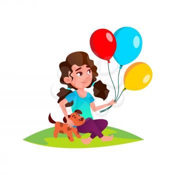 Kid Girl Playing With Balloons And Dog Pet Vector. Caucasian Preteen Lady Sitting On Grass In Park And Play With Domestic Animal And Helium Balloons Bunch. Character Flat Cartoon Illustration