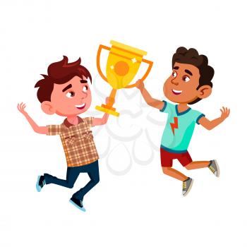 Boys Kids Celebrating Victory Together Vector. Caucasian And Hispanic Guys Preteen Children Jumping And Celebrate Sportive Achievement Together. Characters Flat Cartoon Illustration