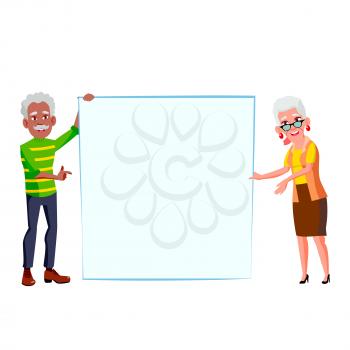 Man And Woman Pensioner Hold Blank Banner Vector. African Aged Grandfather And Caucasian Grandmother Holding Empty Banner. Characters Presentation And Marketing Flat Cartoon Illustration