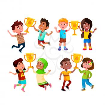 Boys And Girls Kids With Trophy Cup Set Vector. Children Holding Golden Trophy Cup And Celebrate Victory In Competition Together. Characters Winners Achievement Flat Cartoon Illustrations