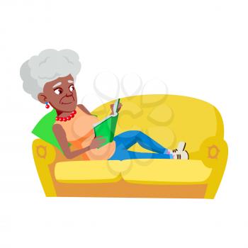 Old Woman Laying On Couch And Reading Book Vector. African Elderly Lady Lay On Sofa And Read Interesting Book. Character Grandmother Enjoying Story Literature Flat Cartoon Illustration