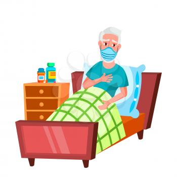 Old Man Wearing Facial Mask In Hospital Vector. Illness Caucasian Elderly Grandfather Wear Medicine Protective Facial Mask In Clinic Room. Character Disease Treatment Flat Cartoon Illustration