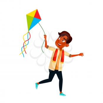 Teenager Boy Running With Kite On Beach Vector. Indian Teen Schoolboy Run With Kite Outdoor. Happiness And Smiling Character Guy Enjoyment And Playful Time In Park Flat Cartoon Illustration
