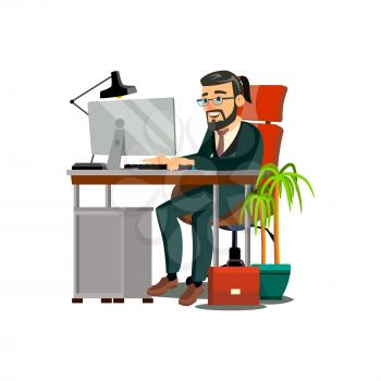 elegance man late working at computer desk cartoon vector. elegance man late working at computer desk character. isolated flat cartoon illustration