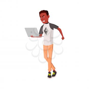 frustrated african man anger on broken laptop cartoon vector. frustrated african man anger on broken laptop character. isolated flat cartoon illustration