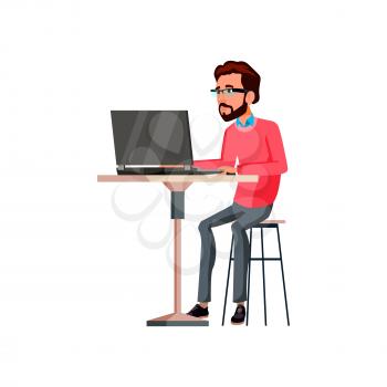 intelligence young man working on notebook in internet cafe cartoon vector. intelligence young man working on notebook in internet cafe character. isolated flat cartoon illustration