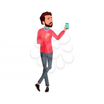 smiling man showing new smartphone to friends cartoon vector. smiling man showing new smartphone to friends character. isolated flat cartoon illustration
