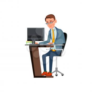smiling man working at workplace on computer cartoon vector. smiling man working at workplace on computer character. isolated flat cartoon illustration