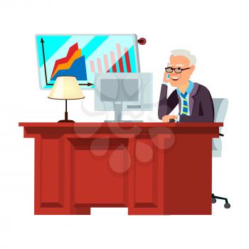 old man ceo speaking on phone and checking financial report on computer cartoon vector. old man ceo speaking on phone and checking financial report on computer character. isolated flat cartoon illustration