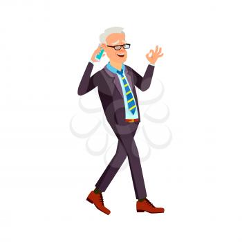 happy old man talking with wife on phone and walking in garden cartoon vector. happy old man talking with wife on phone and walking in garden character. isolated flat cartoon illustration
