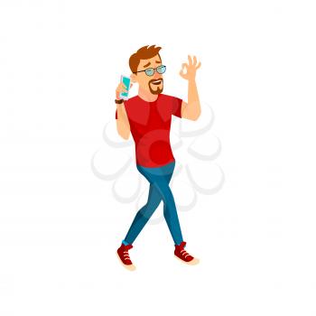 happy man speaking with friend on phone and approving plan on friday evening cartoon vector. happy man speaking with friend on phone and approving plan on friday evening character. isolated flat cartoon illustration