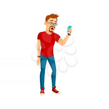 surprised bearded man reading message on phone cartoon vector. surprised bearded man reading message on phone character. isolated flat cartoon illustration