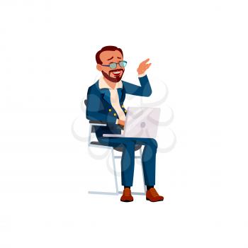 adult man laughing from corporate video on laptop screen cartoon vector. adult man laughing from corporate video on laptop screen character. isolated flat cartoon illustration