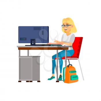 young woman student checking test result online on computer cartoon vector. young woman student checking test result online on computer character. isolated flat cartoon illustration