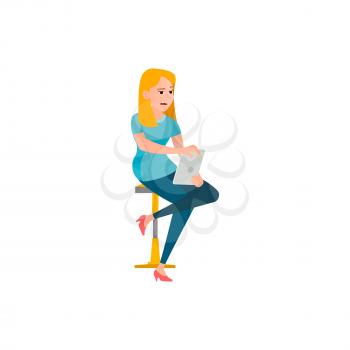 bored woman make report on tablet gadget cartoon vector. bored woman make report on tablet gadget character. isolated flat cartoon illustration