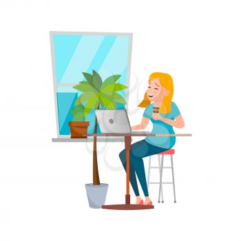 smiling young woman reading funny e-book on notebook cartoon vector. smiling young woman reading funny e-book on notebook character. isolated flat cartoon illustration