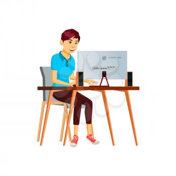 happy young woman working on computer in room cartoon vector. happy young woman working on computer in room character. isolated flat cartoon illustration