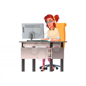 young woman watch webinar on computer at desk cartoon vector. young woman watch webinar on computer at desk character. isolated flat cartoon illustration