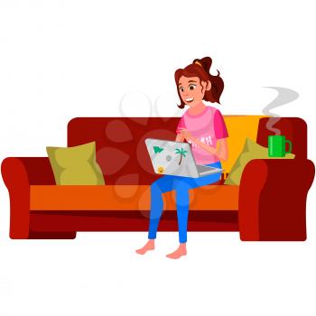 young woman freelancer working at home cartoon vector. young woman freelancer working at home character. isolated flat cartoon illustration