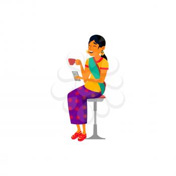 indian woman coffee break and watching video on smartphone display cartoon vector. indian woman coffee break and watching video on smartphone display character. isolated flat cartoon illustration