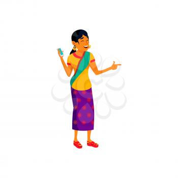 happy indian woman listening music on smartphone cartoon vector. happy indian woman listening music on smartphone character. isolated flat cartoon illustration