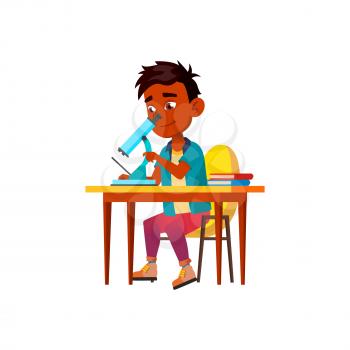 School Boy Scientist Researching In Lab Vector. Hispanic Schoolboy Scientist Research Biology In Laboratory With Microscope Equipment. Character Biotechnology Flat Cartoon Illustration
