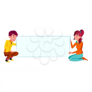 Boy And Girl Teens Holding Blank Poster Vector. Happiness European Schoolboy And Schoolgirl Hold Empty Banner On Meeting Or Protest Together. Characters Protesting Flat Cartoon Illustration