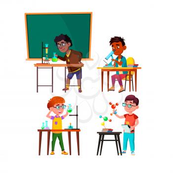 Scientist School Boys Researchment Set Vector. Schoolboy Scientist Researching, Analyzing And Developing With Laboratory Equipment. Characters Chemical And Biology Test Flat Cartoon Illustrations