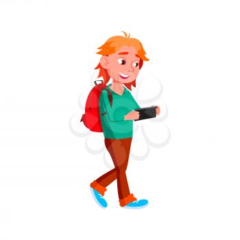 School Boy Playing Video Game On Smartphone Vector. Caucasian Schoolboy Walking At Lesson With Backpack And Play Game On Mobile Phone. Character Use Electronic Device Flat Cartoon Illustration