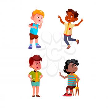 Boys Kids Emotions And Mood Variation Set Vector. Shocked And Frustrated, Happy And Angry Children Emotions. Characters Schoolboys Positive And Negative Expression Flat Cartoon Illustrations