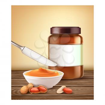 Natural Peanut Butter Promotional Poster Vector. Peanut Butter Blank Bottle, Nuts And Creamy Food With Knife Kitchen Utensil On Wooden Desk Advertising Banner. Style Concept Template Illustration