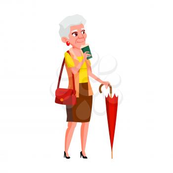 Old Woman Drinking Energy Coffee Outdoor Vector. Elderly Lady Walking With Umbrella And Drinking Delicious Hot Drink Outside. Character Enjoying Tasty Beverage Flat Cartoon Illustration
