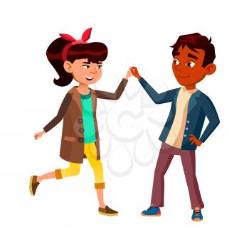 Schoolchildren Couple Dancing Together Vector. Latin Schoolboy Dancing Energy Dance With Japanese Schoolgirl On Party. Characters Recreational Time And Friendship Flat Cartoon Illustration