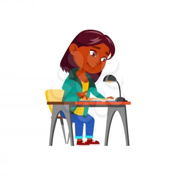 Schoolgirl Reading Educational Book At Home Vector. Hispanic School Girl Read Education Book At Table And Preparing For Lesson Or Examination. Character Study Flat Cartoon Illustration