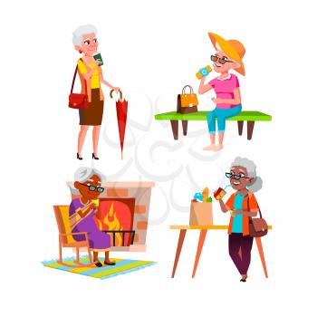 Old Women Hold Cup And Drinking Drink Set Vector. Elderly Ladies Drinking Energy Coffee And Tea, Delicious Vitamin Juice And Healthy Natural Water. Characters Flat Cartoon Illustrations