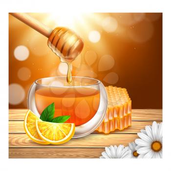 Honey bee food product poster. Wildflower healthy dessert advertising. Hexagon sweet. Sugar nectar. 3d realistic vector
