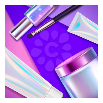 holographic face cosmetics poster. jar cosmetic hologram product. gloss packaging. 3d realistic vector